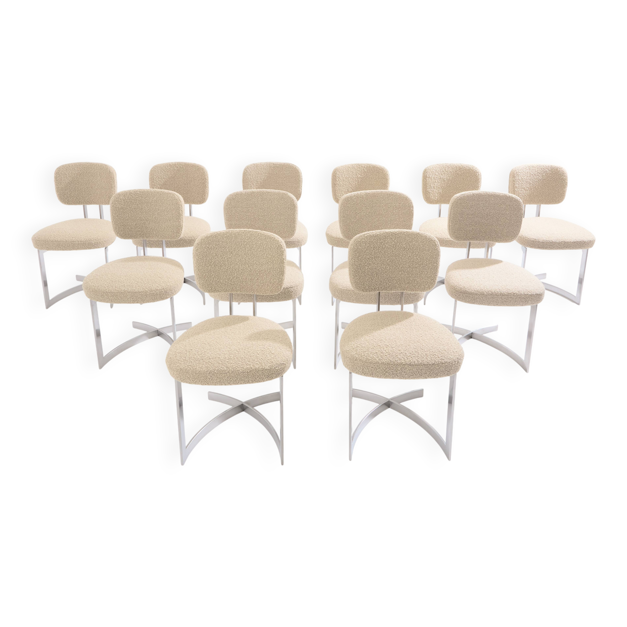 Paul Legeard set of 12 stainless steel and curly wool chairs 1970