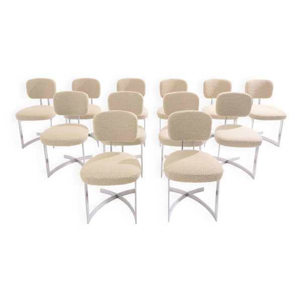 Paul Legeard set de 12 chaises en inox et laine bouclée 1970