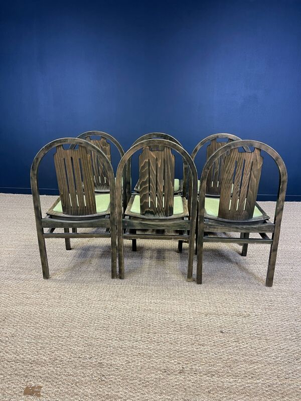 Ensemble de 6 chaises bistrot Baumann Argos bois et tissu vert années 80 France