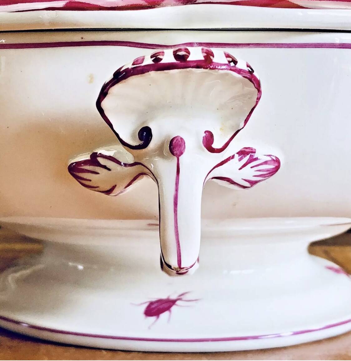 Old small Gien earthenware vegetable soup tureen, pink landscape model