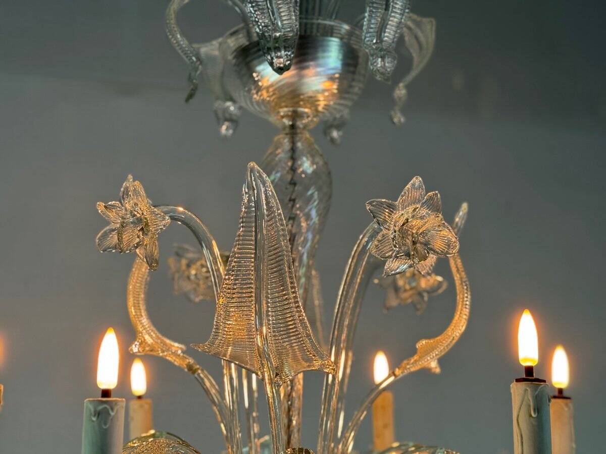 Venetian chandelier in colorless murano glass, 6 arms of light circa 1950