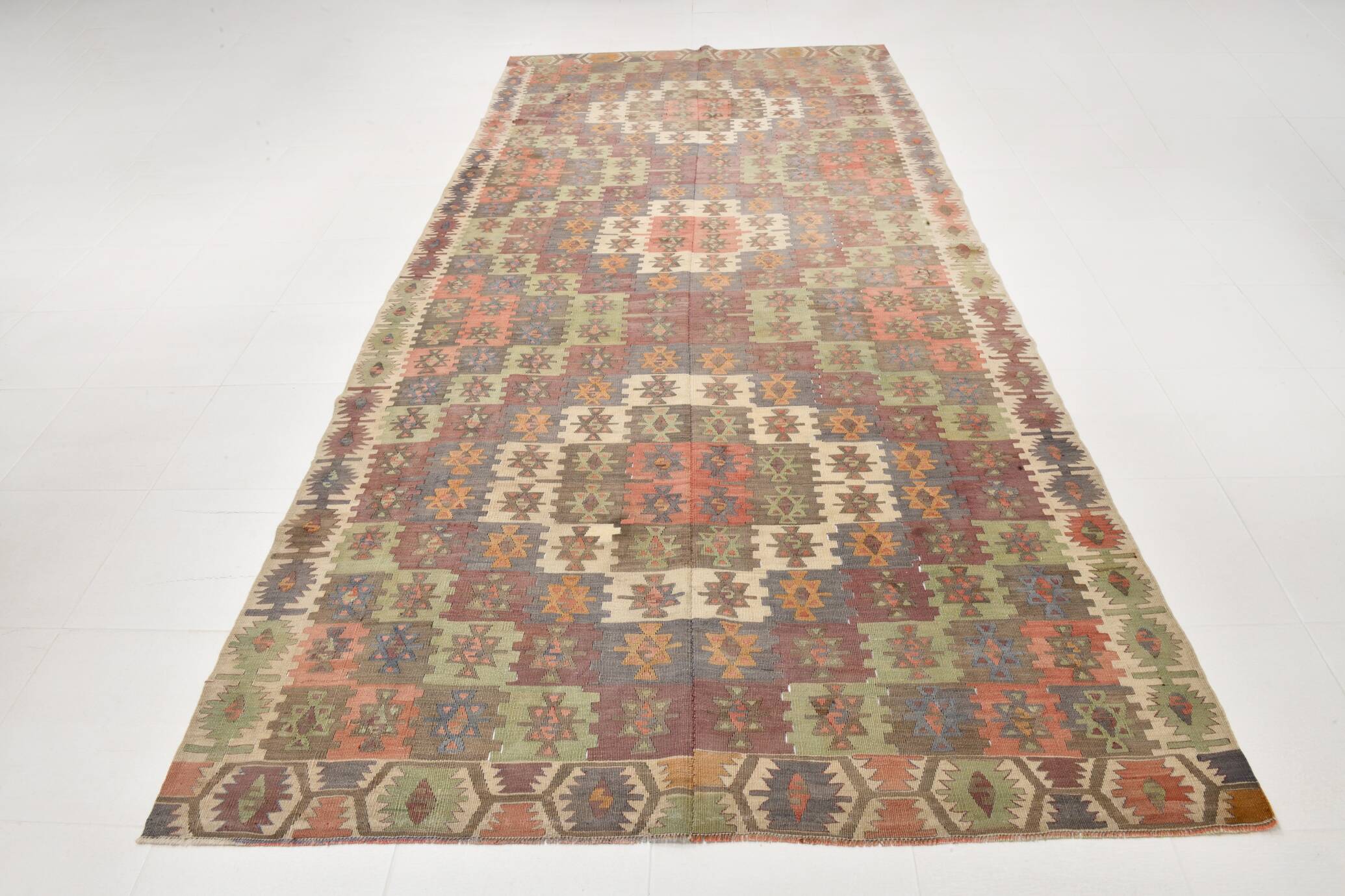 6x13 Rare Size Kilim Rug, Rugged Rug, 180x385Cm Antique Kilim Carpet