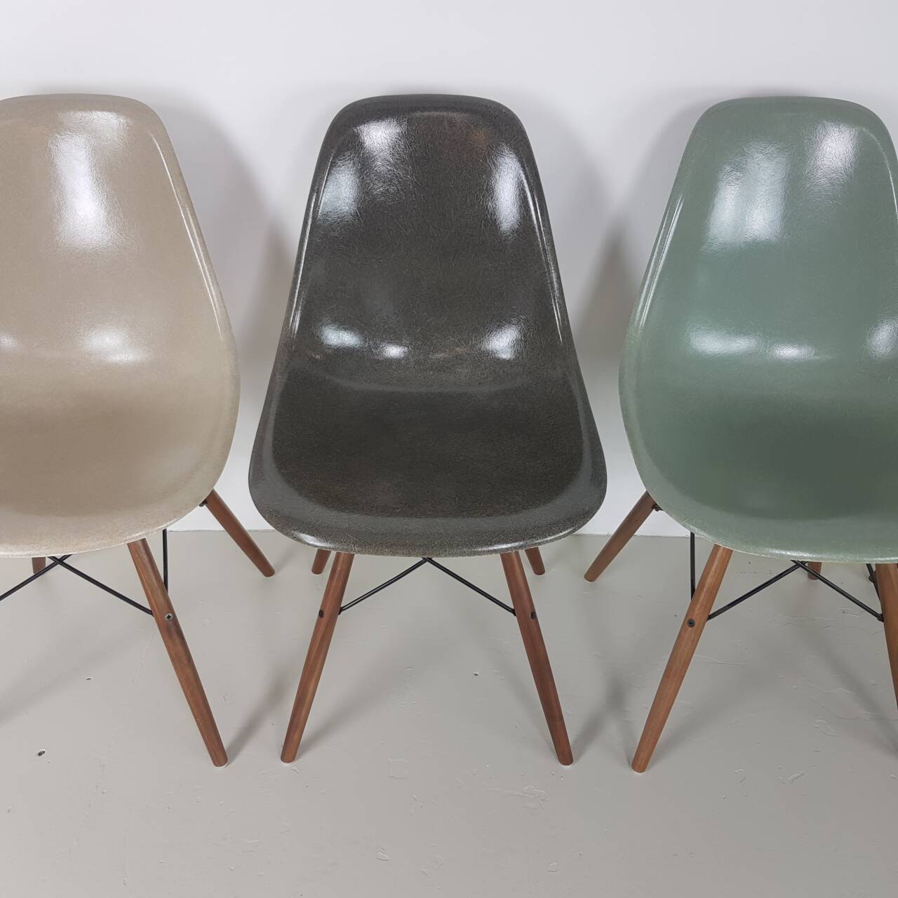 Eames Herman Miller DSW side chairs in light greige / elephant grey / seafoam green / black