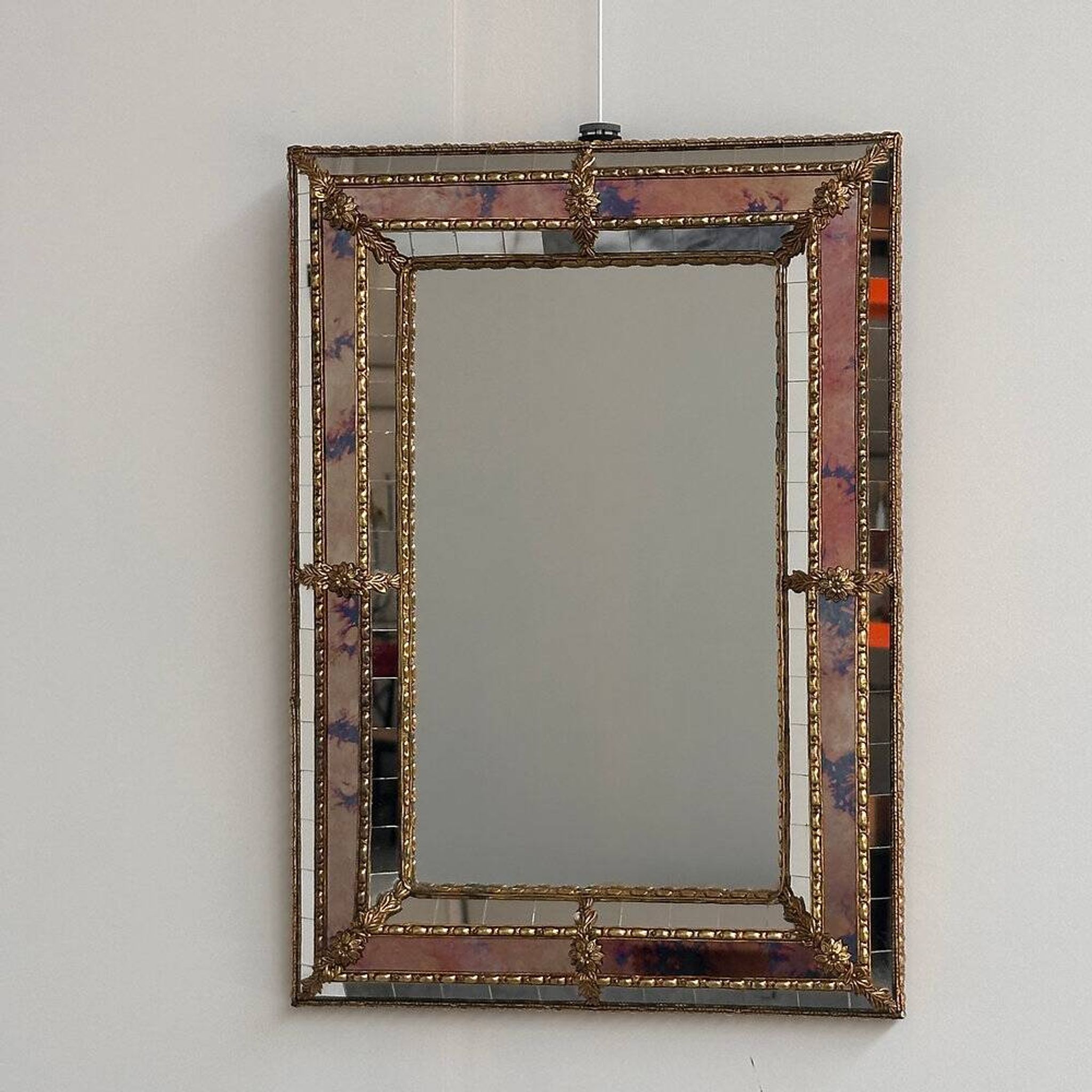 Small Spanish brass & mosaic mirror with stained pink glass, 1980s