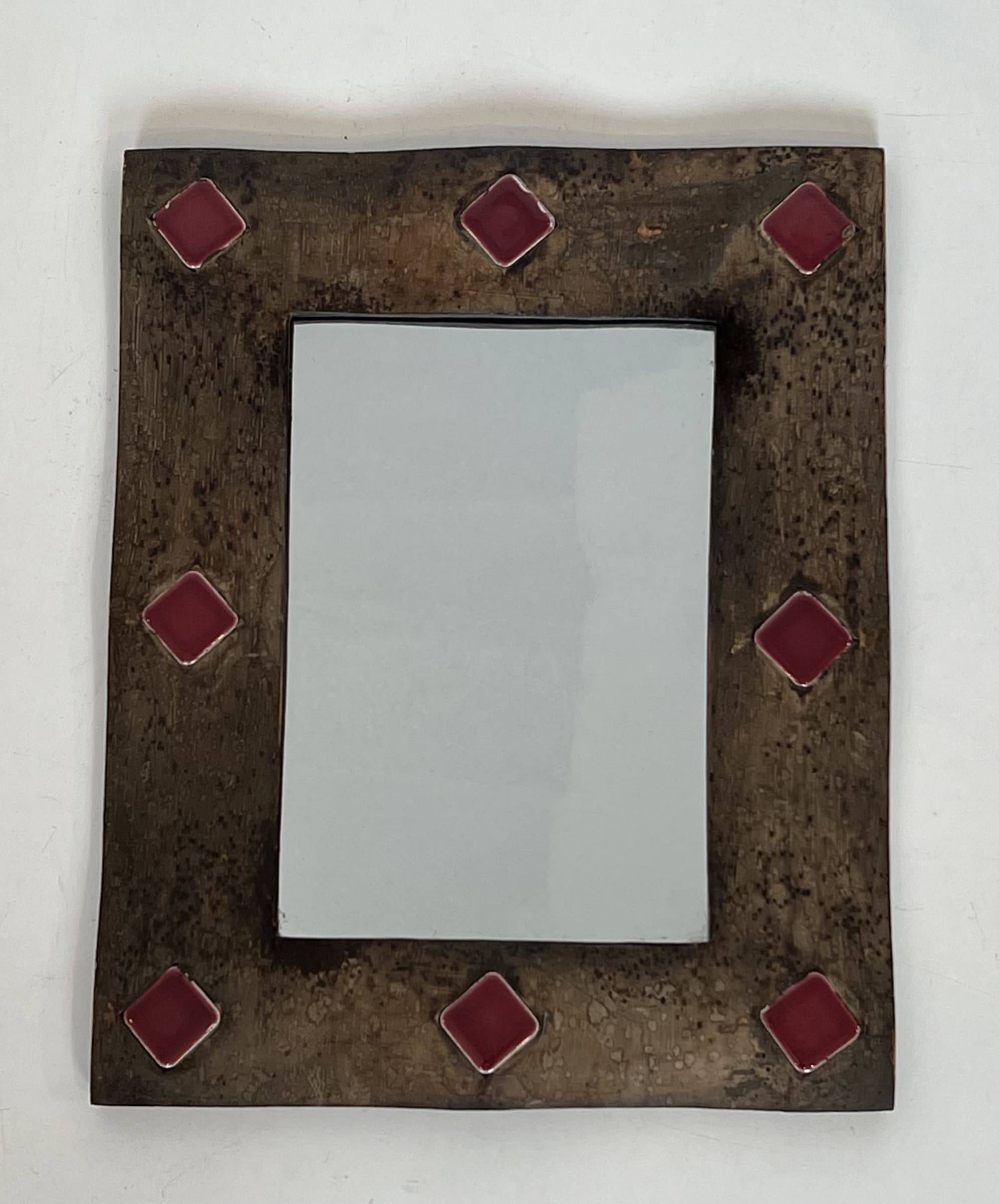 Ceramic Framed Mirror in Bronze with Red Cabochons. French Work.