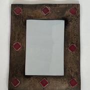 Miroir à Cadre en Céramique Émaillée Bronze à Cabochons Rouges. Travail Fra