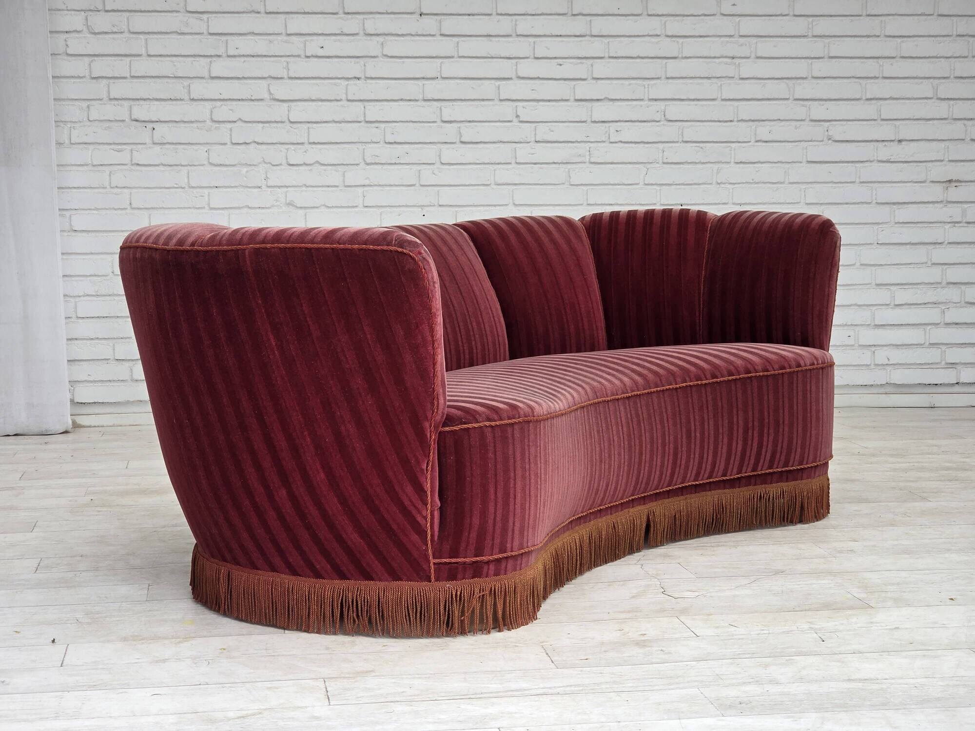 1960s, Danish 2-seater "Banan" sofa, furniture velour, oak wood.