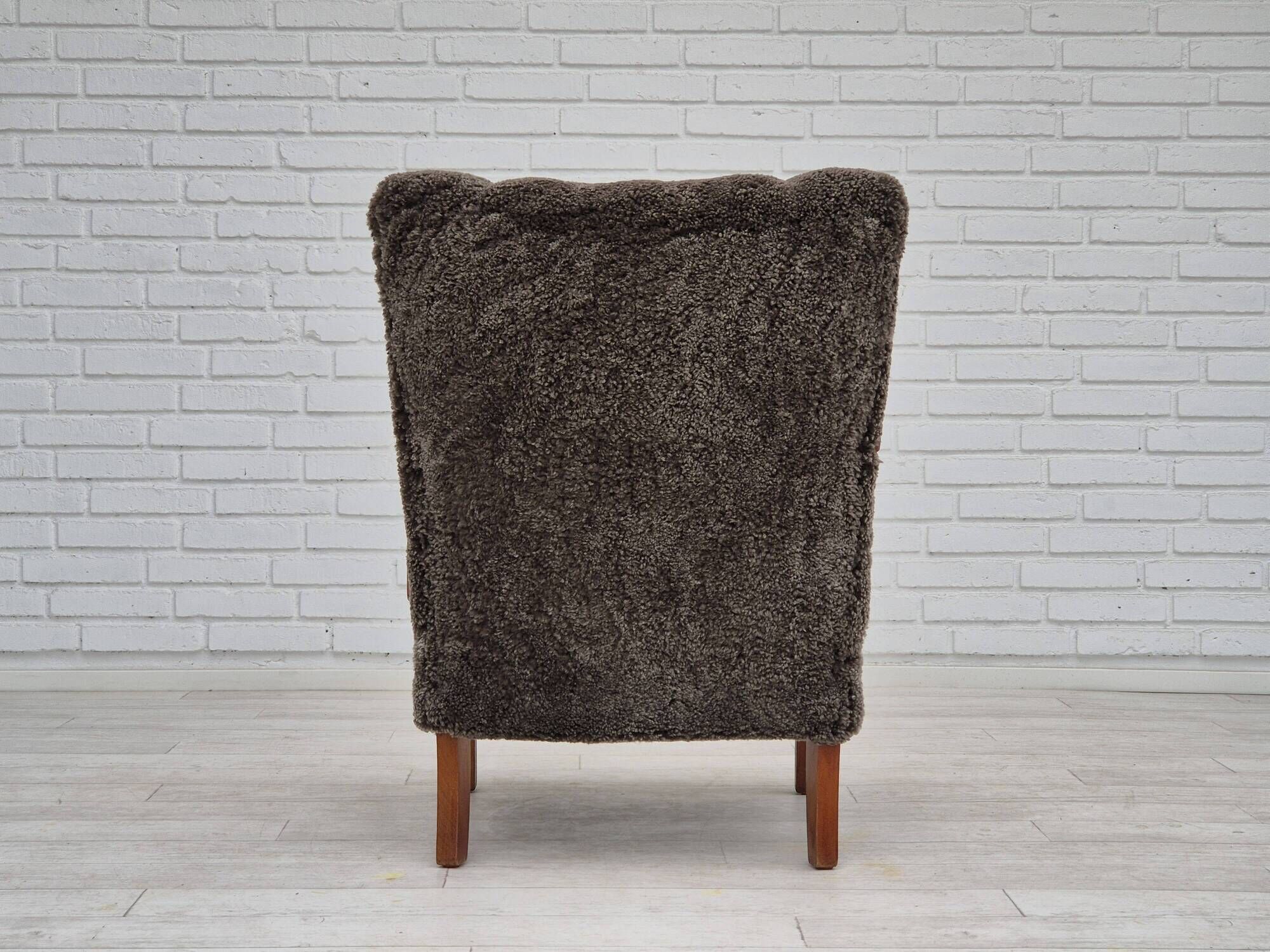 1950s, Danish design, reupholstered armchair, genuine sheepskin "Wellington".