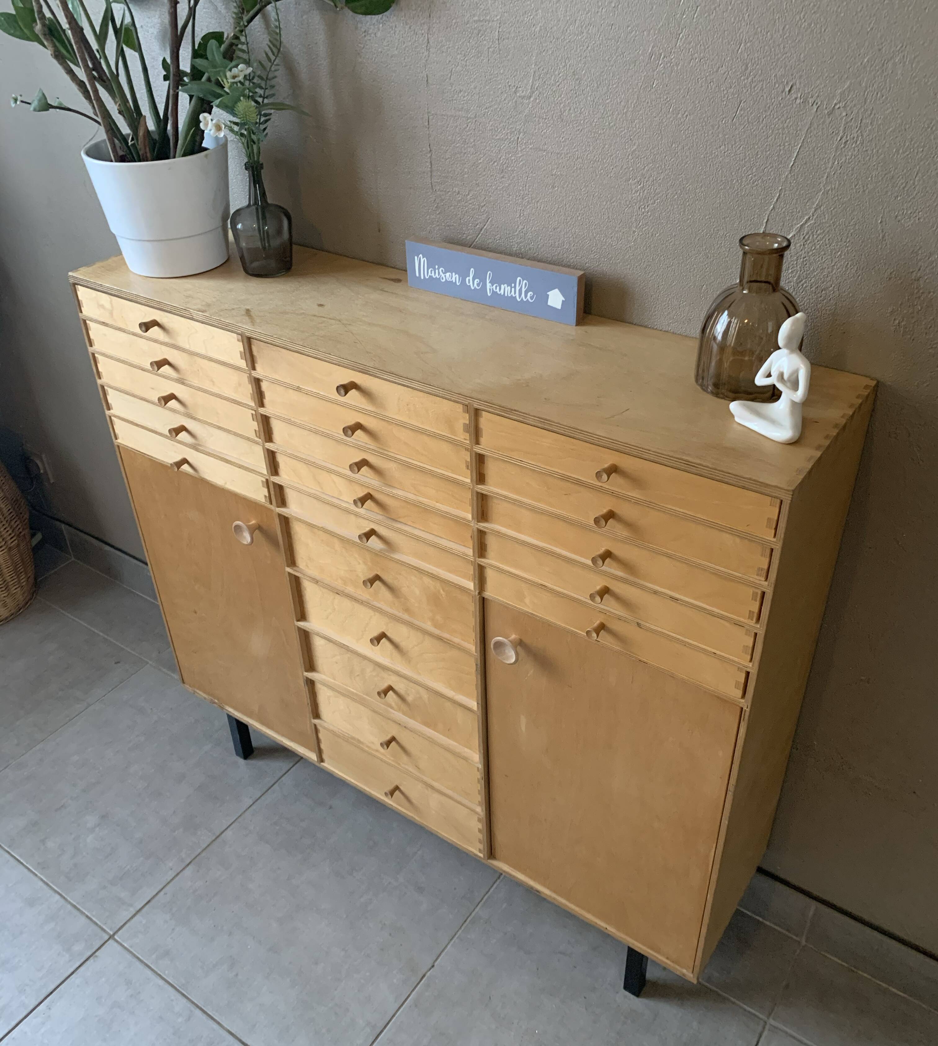 Vintage 20-drawer craft cabinet, 1960s in raw wood