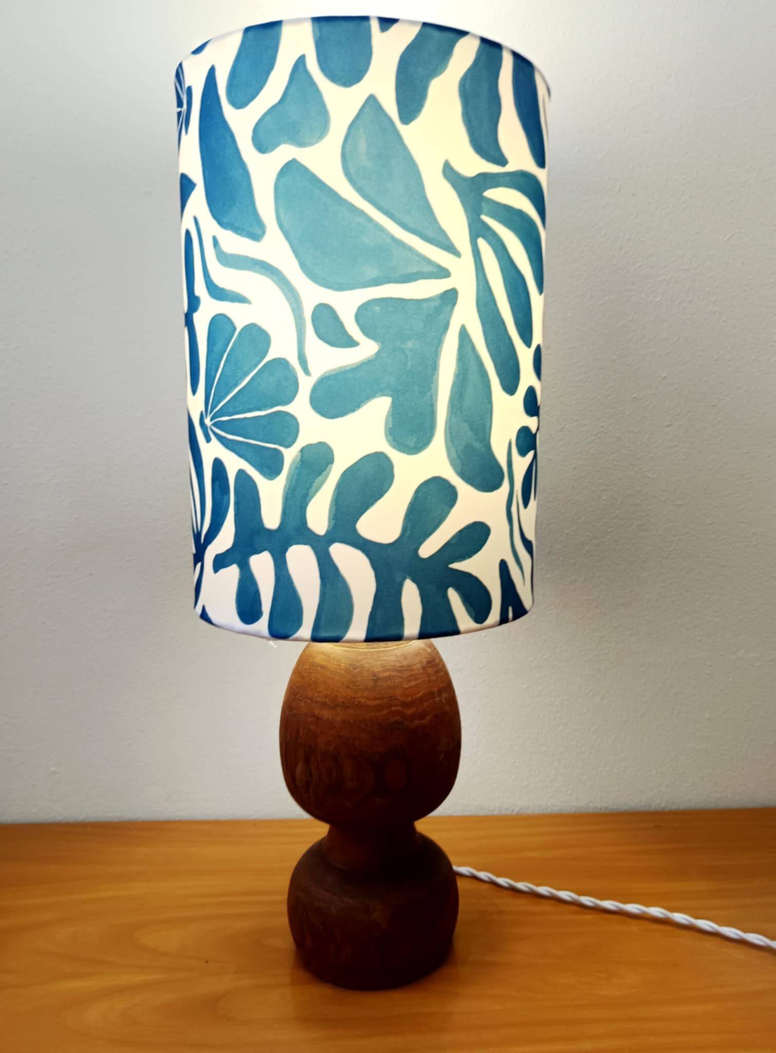 Brutalist wooden lamp and custom shade