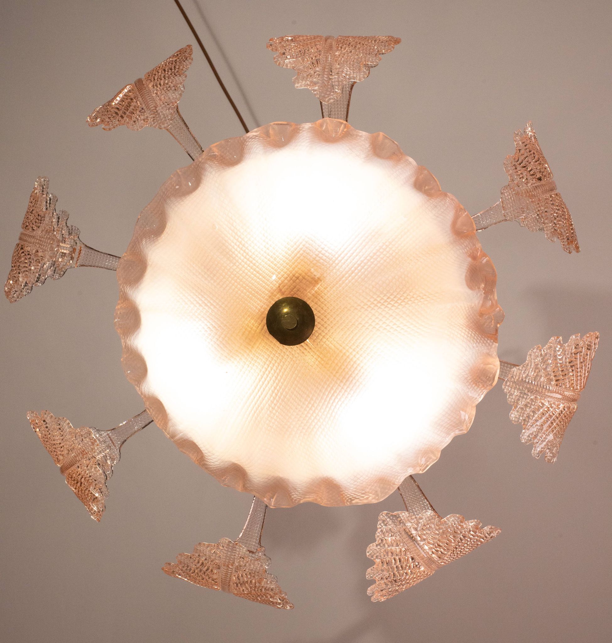 Pink Art Decò Barovier e Toso "Fountain" Pendant Light, Murano Glass, 1940s
