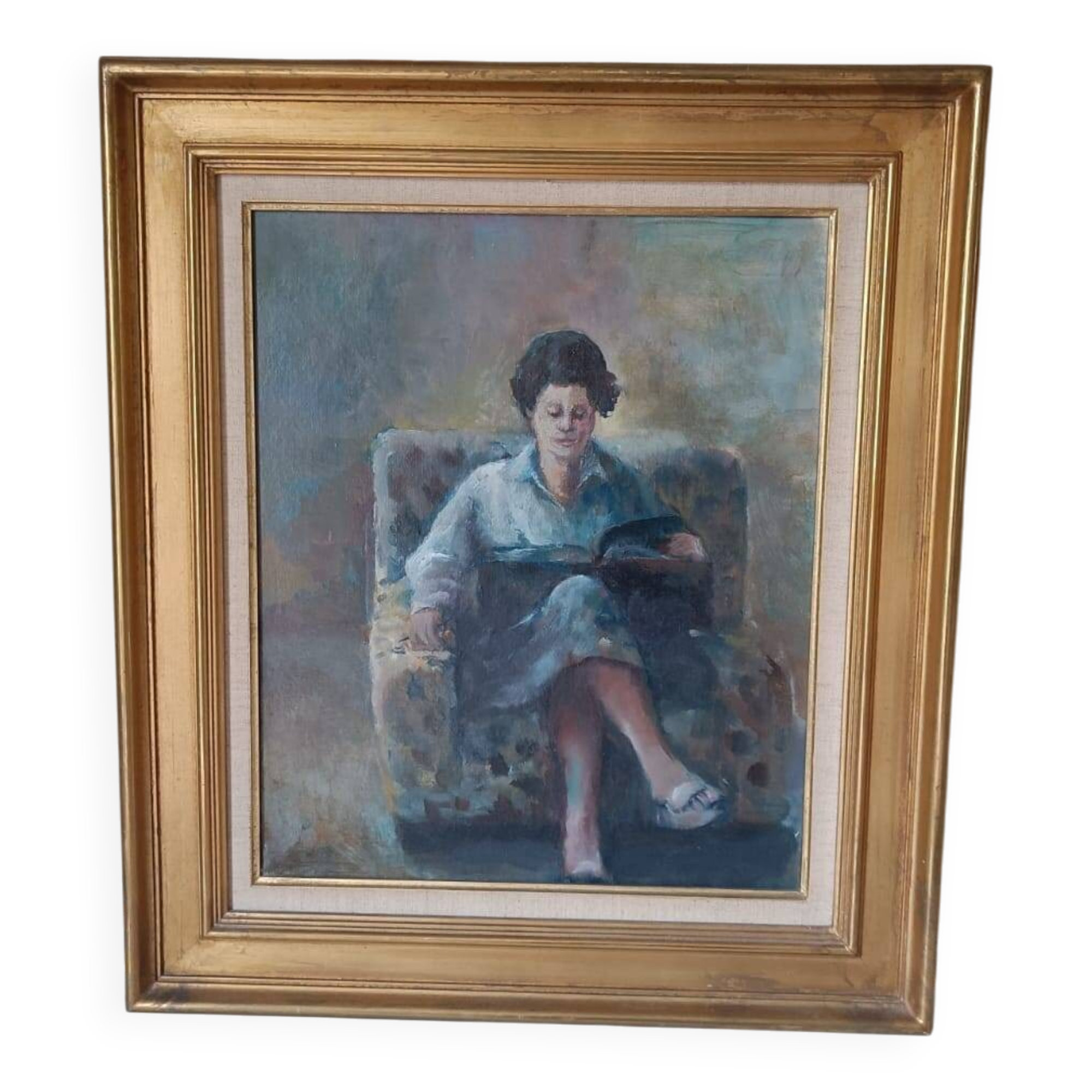 Oil on canvas: woman reading in an armchair, French school mid-20th century.