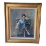 Oil on canvas: woman reading in an armchair, French school mid-20th century.