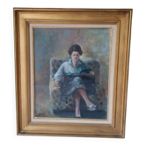 Oil on canvas: woman reading in an armchair, French school mid-20th century.
