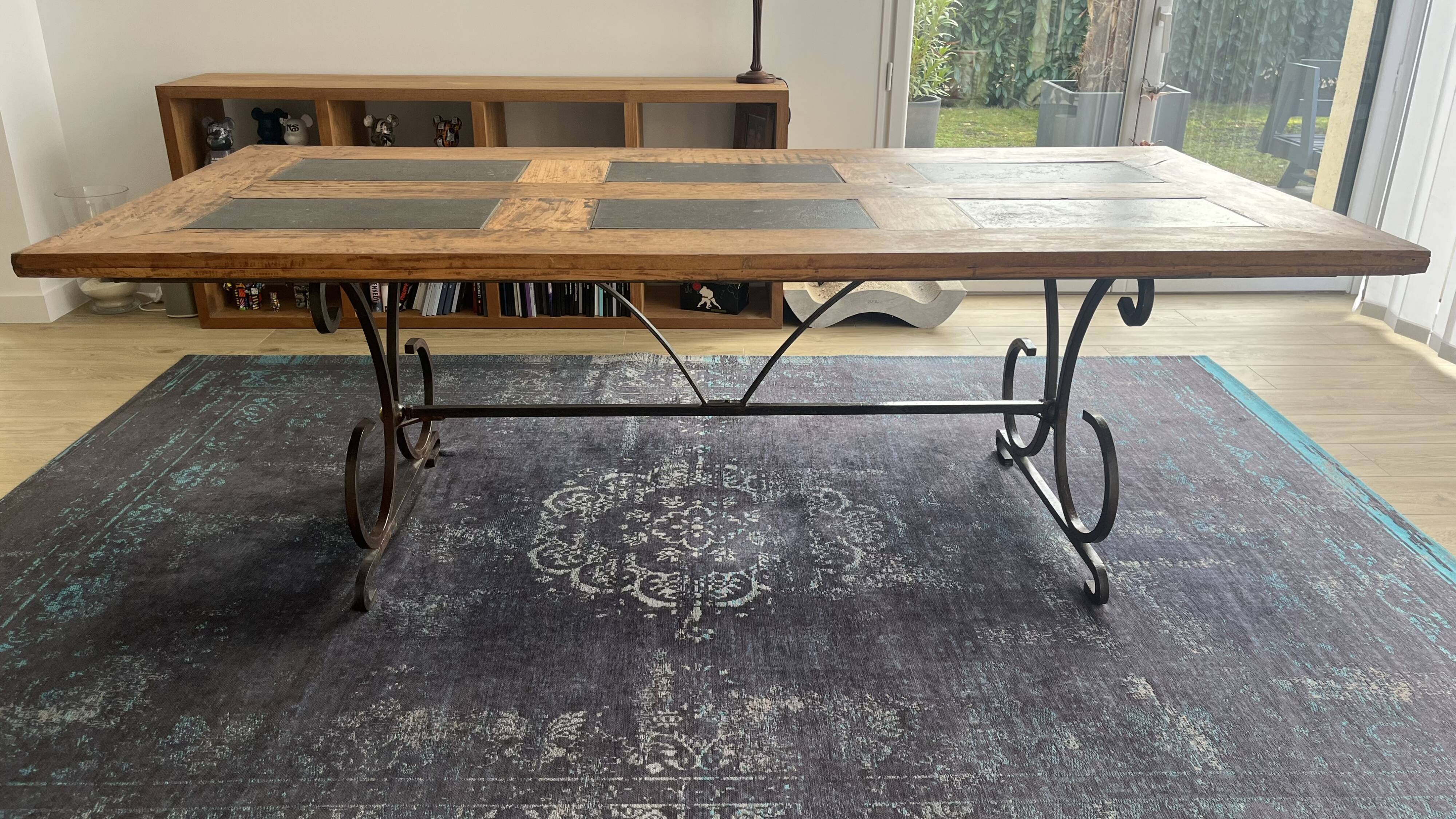 Teak table with blue stones