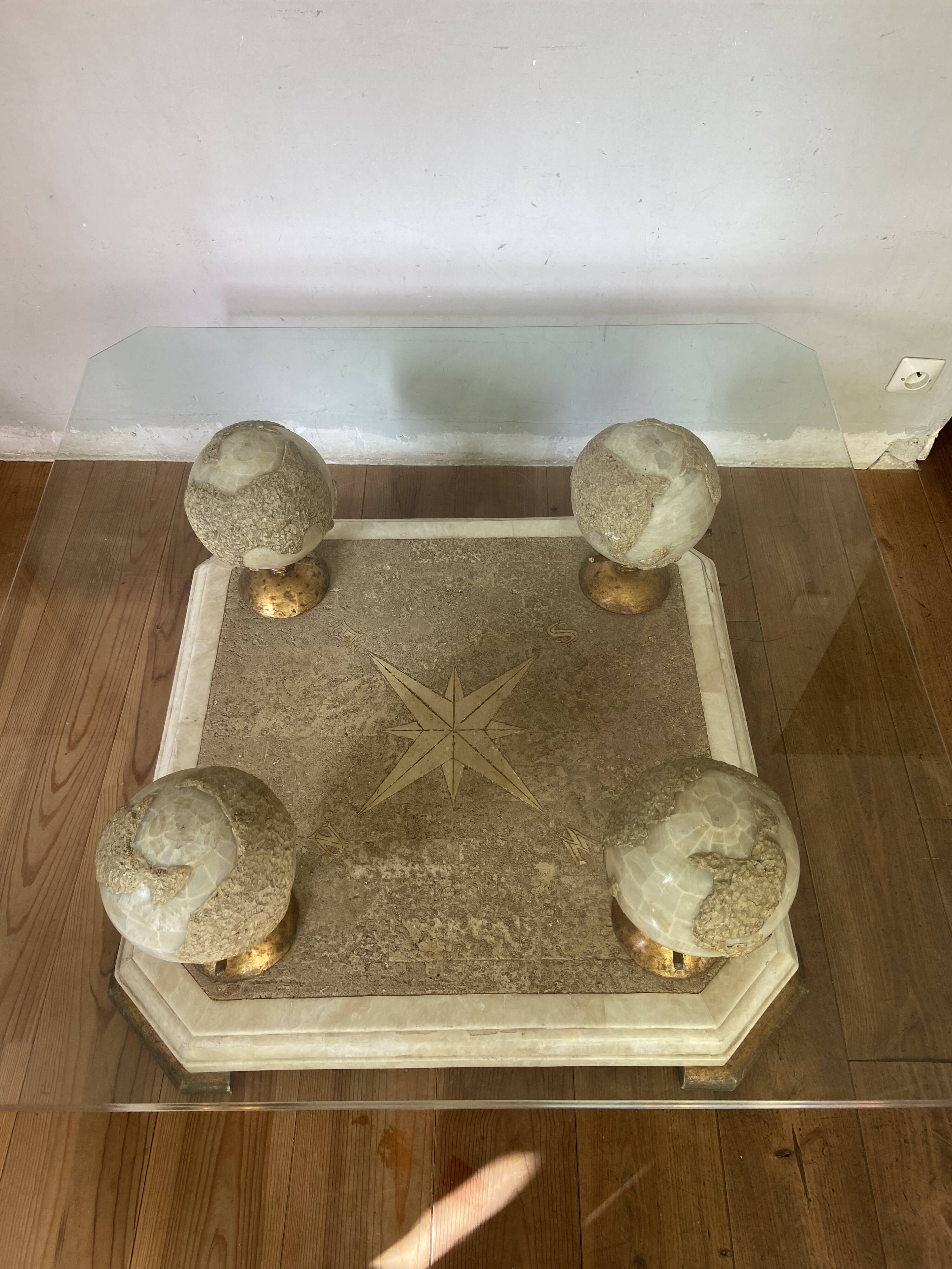 Design coffee table 70-80s in glass and alabaster