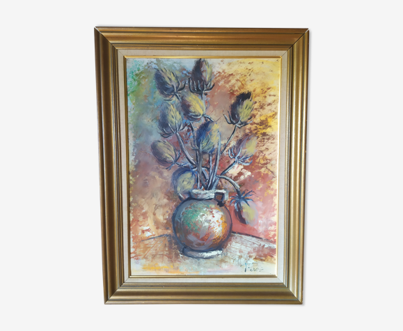 Huile sur panneau d'un bouquet de chardon