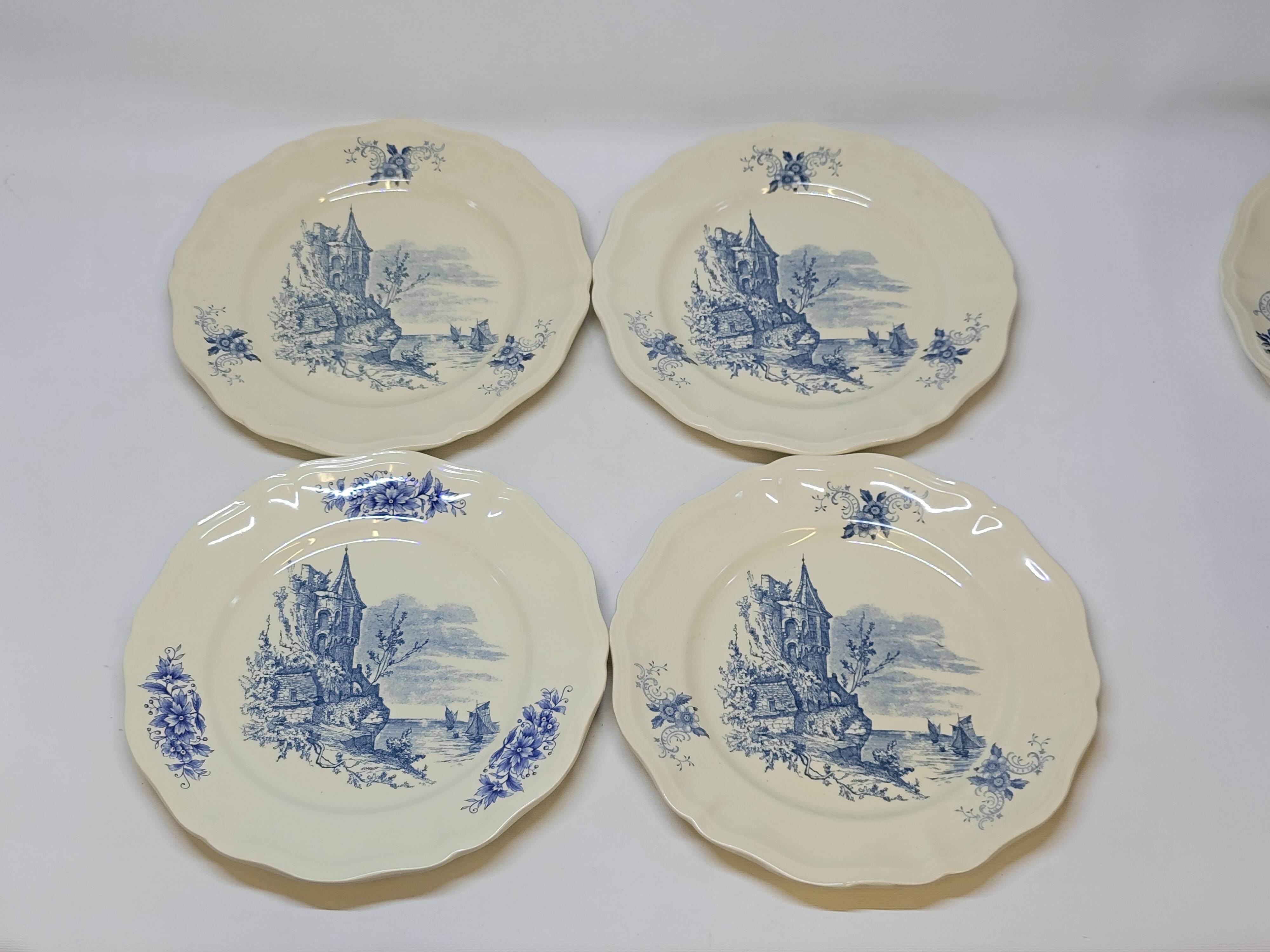 8 Large Vintage Sarreguemines Flanders and Surrey Dinner Plates, White Decor