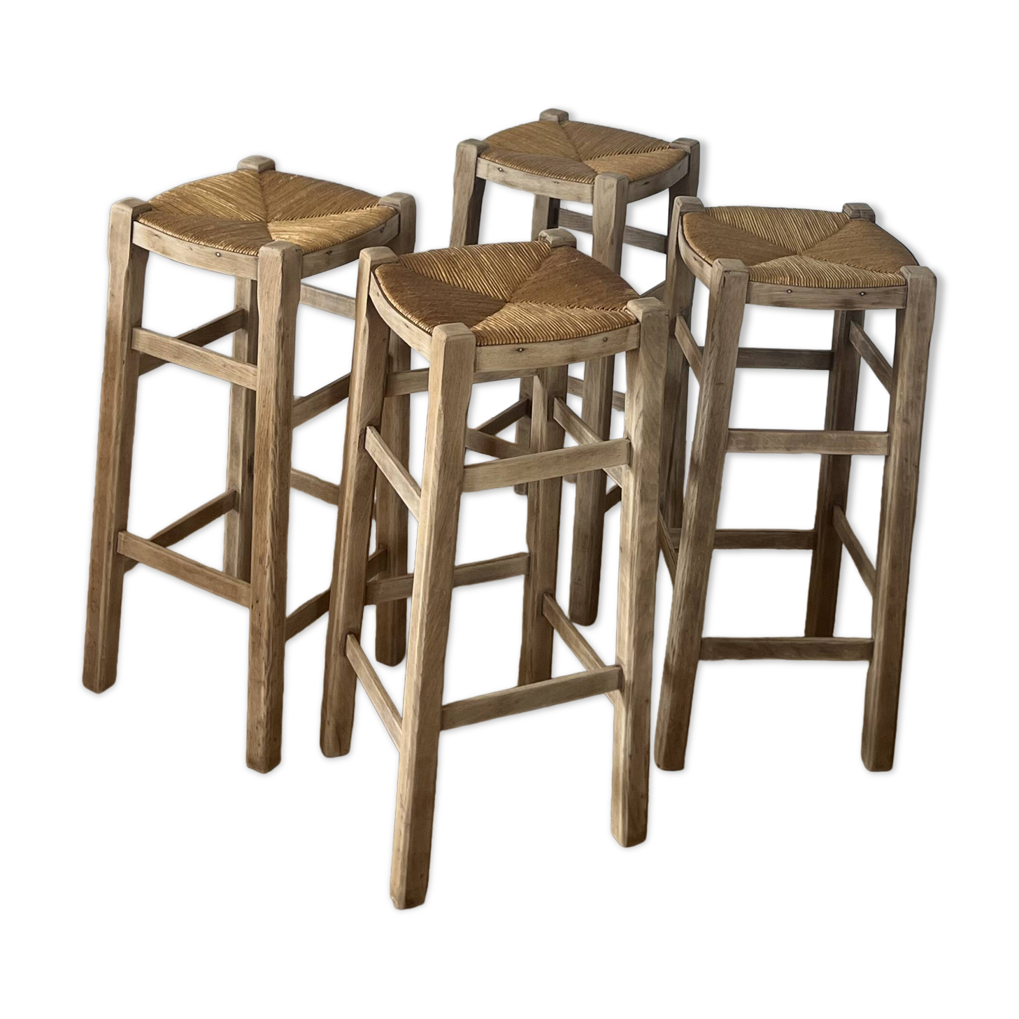 Set of 4 vintage high bar stools in raw solid oak and straw.