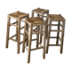 Set of 4 vintage high bar stools in raw solid oak and straw.