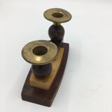 Cubist-style wooden candlesticks duo