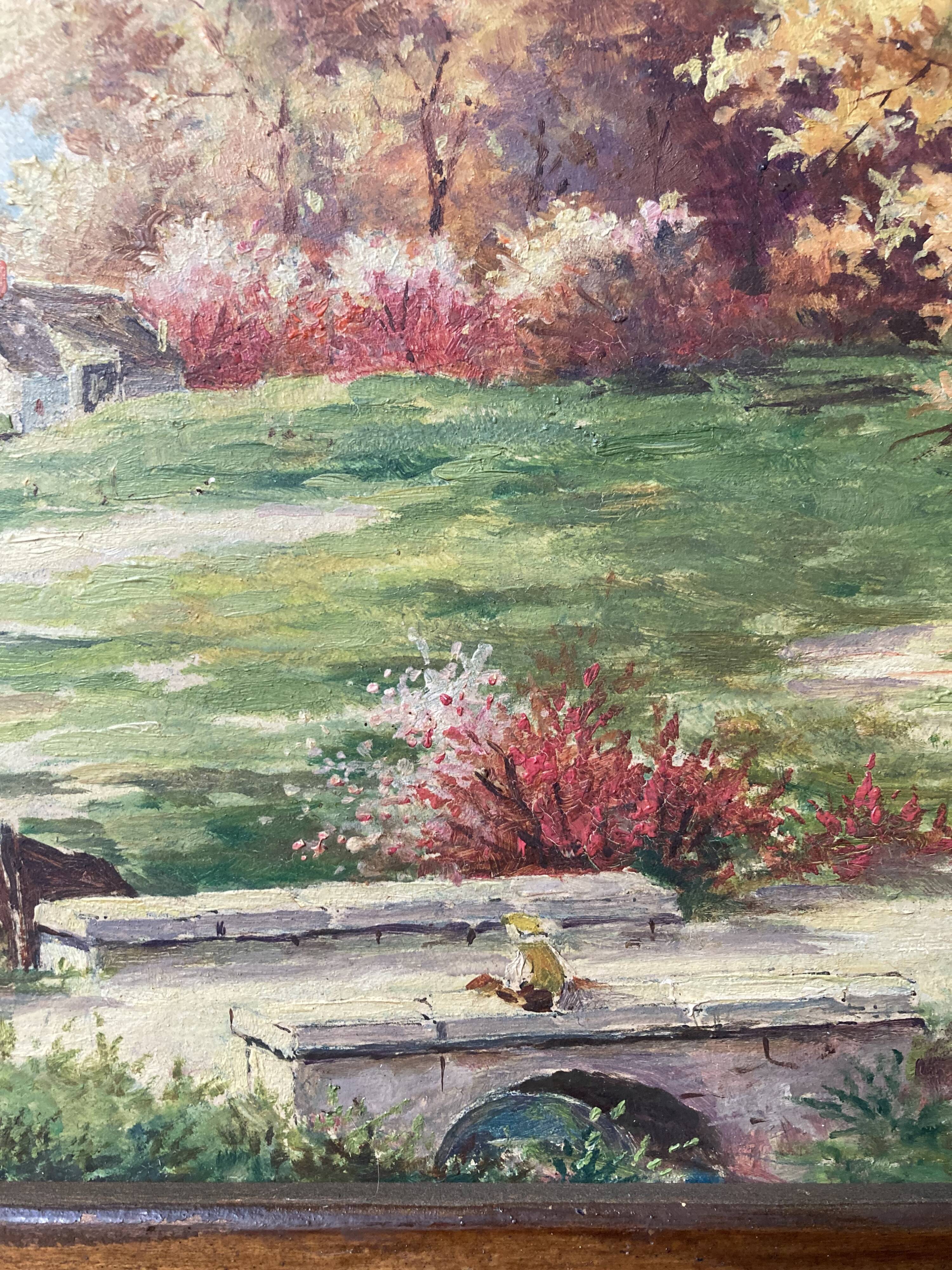 Pair of Art Deco wood and embossed metal landscape frames