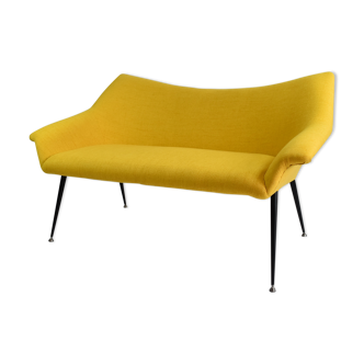 Vintage two-seater sofa, German Democratic Republic, 60s, fully restored, yellow fabric, chrome
