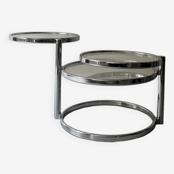 table basse ronde et rotative en verre et chrome, design 1970
