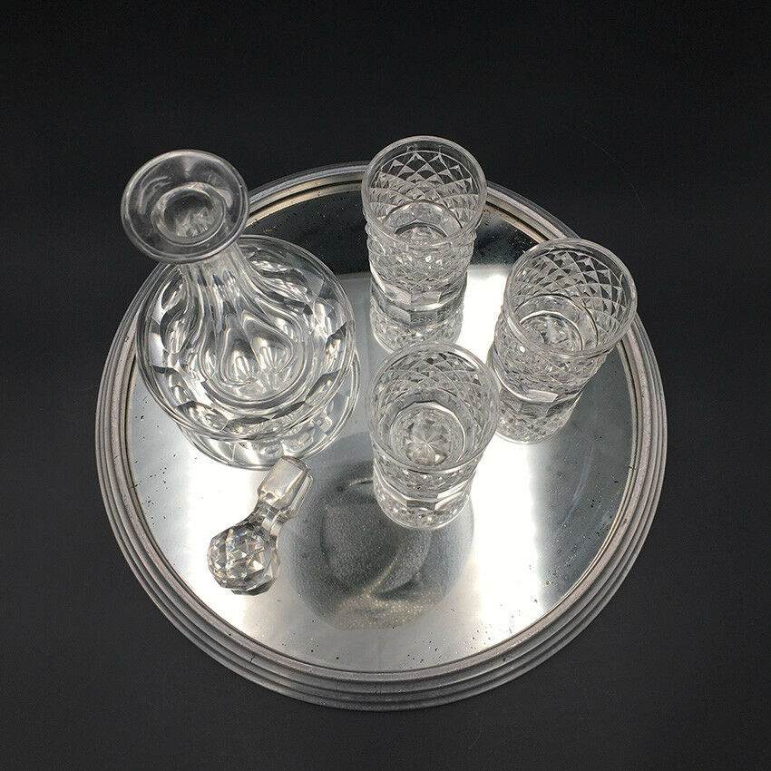 Carafe with 3 liquor glasses and art deco mirror tray