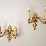 Pair of bronze sconces with four handmade toile de Jouy lampshades in France