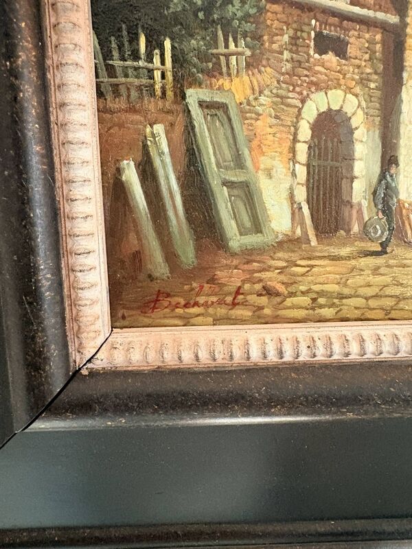 Ancien Tableau Huile Cuivre Jan Beekhout Scène de Rue Moyen Age Hollandais