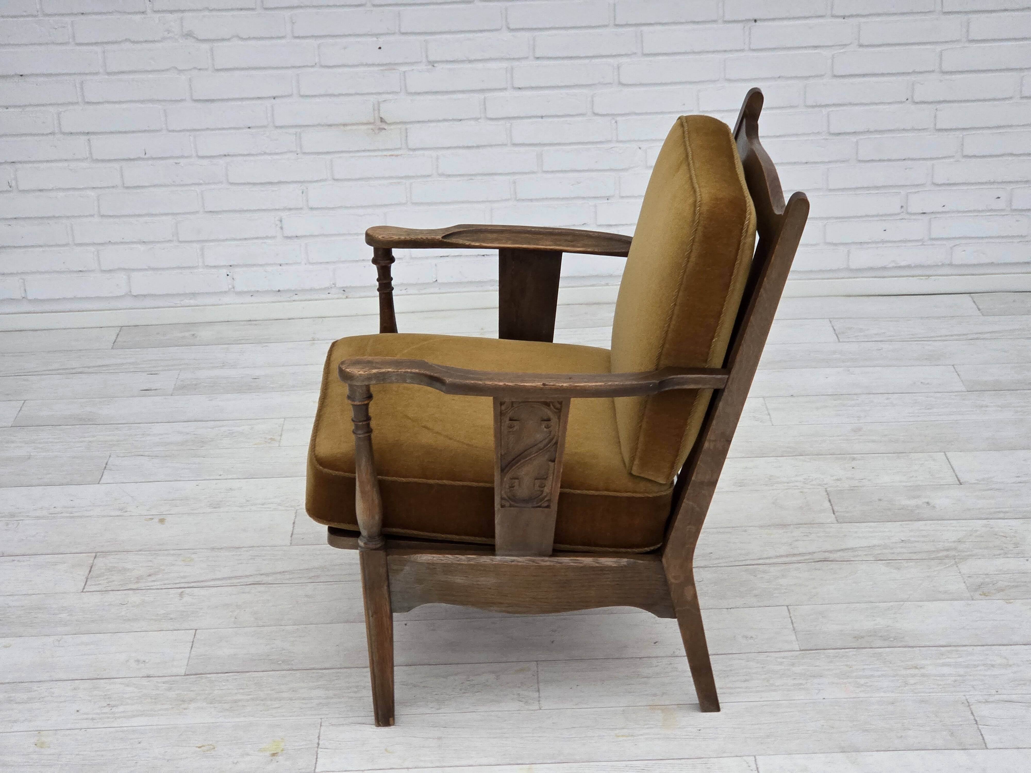 1950s, Danish vintage armchair, original green furniture velour, oak wood.