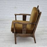 1950s, Danish vintage armchair, original green furniture velour, oak wood.
