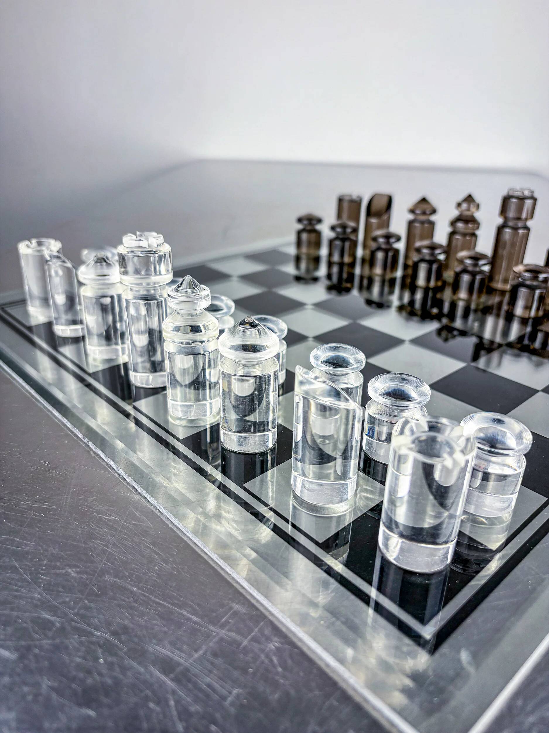 Felice Antonio Botta acrylic chessboard and glass board, Italy, 1970s