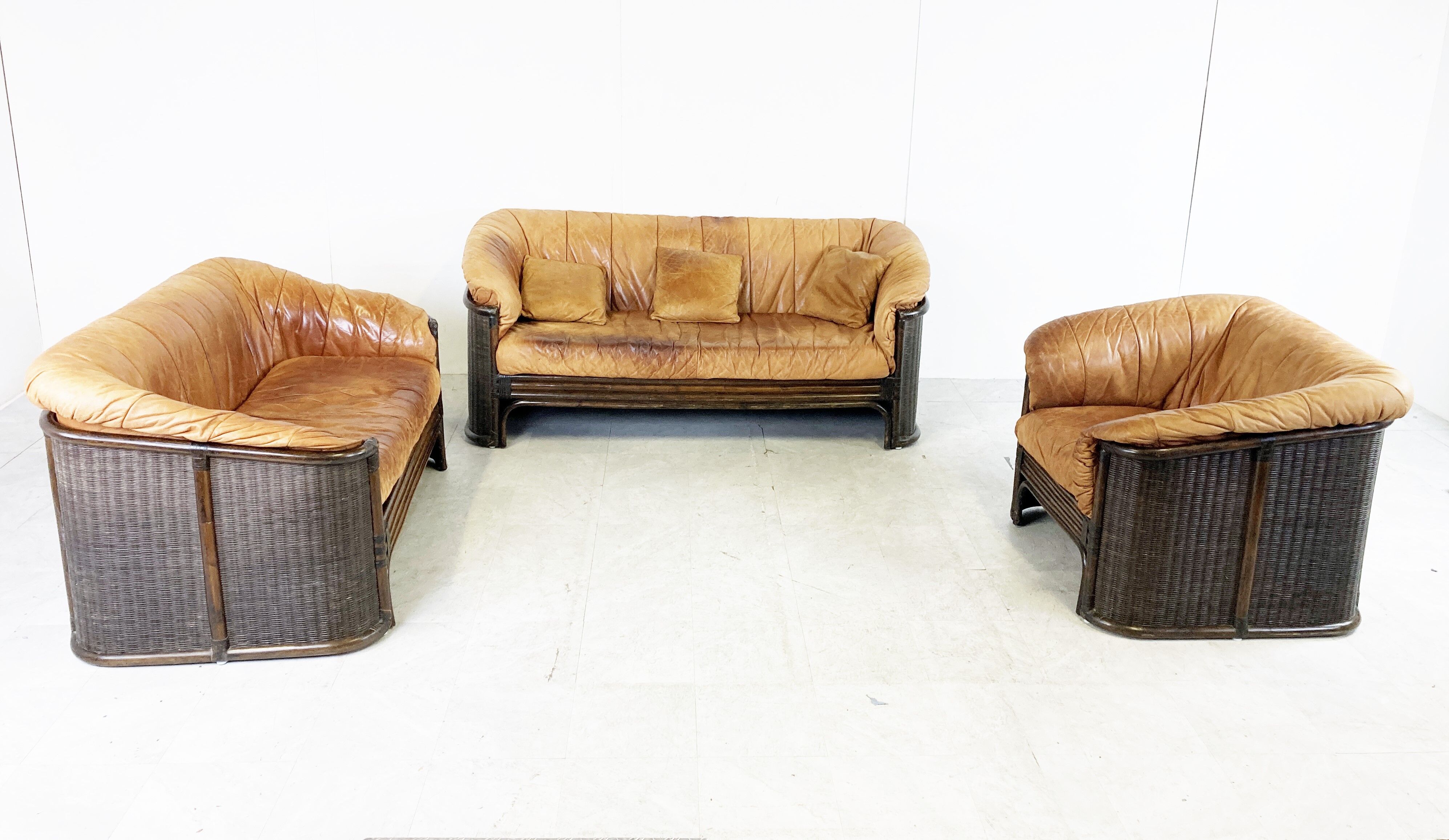 Vintage wicker and leather sofa set 1960s