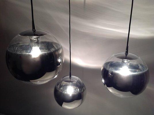 Set of 3 Mirror Glass Globe Suspension Lamps, 1960s