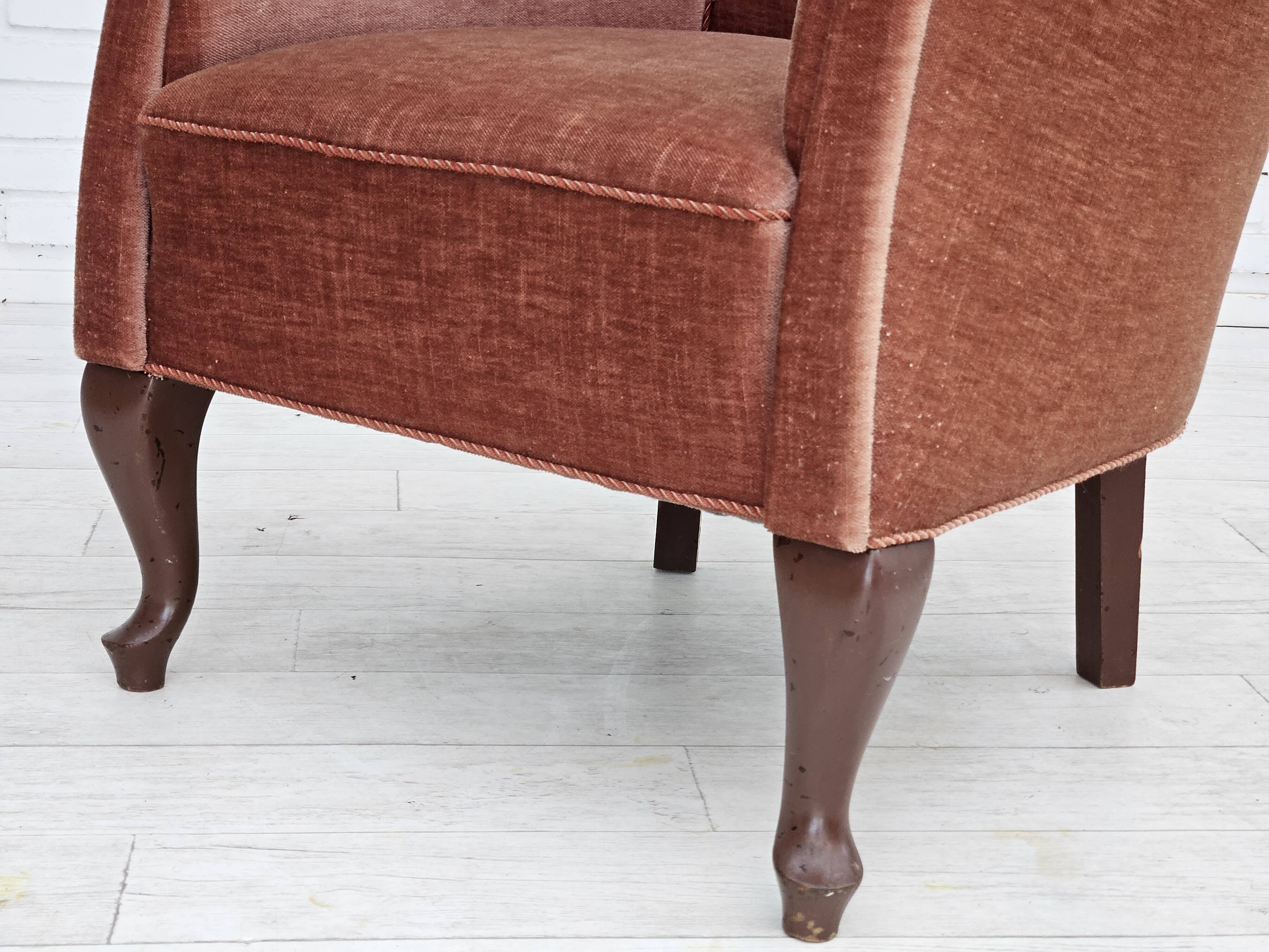 1960s, Danish lounge chair, salmon pink furniture velour, ash wood legs.