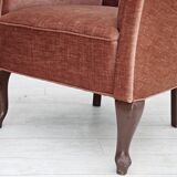 1960s, Danish lounge chair, salmon pink furniture velour, ash wood legs.