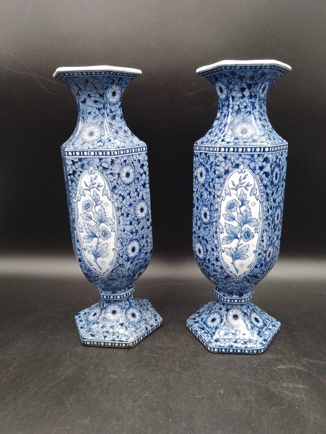 Antique 19th century Delft pair of hexagonal vases - Petrus Regout Maestricht