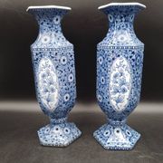 Antique 19th century Delft pair of hexagonal vases - Petrus Regout Maestricht