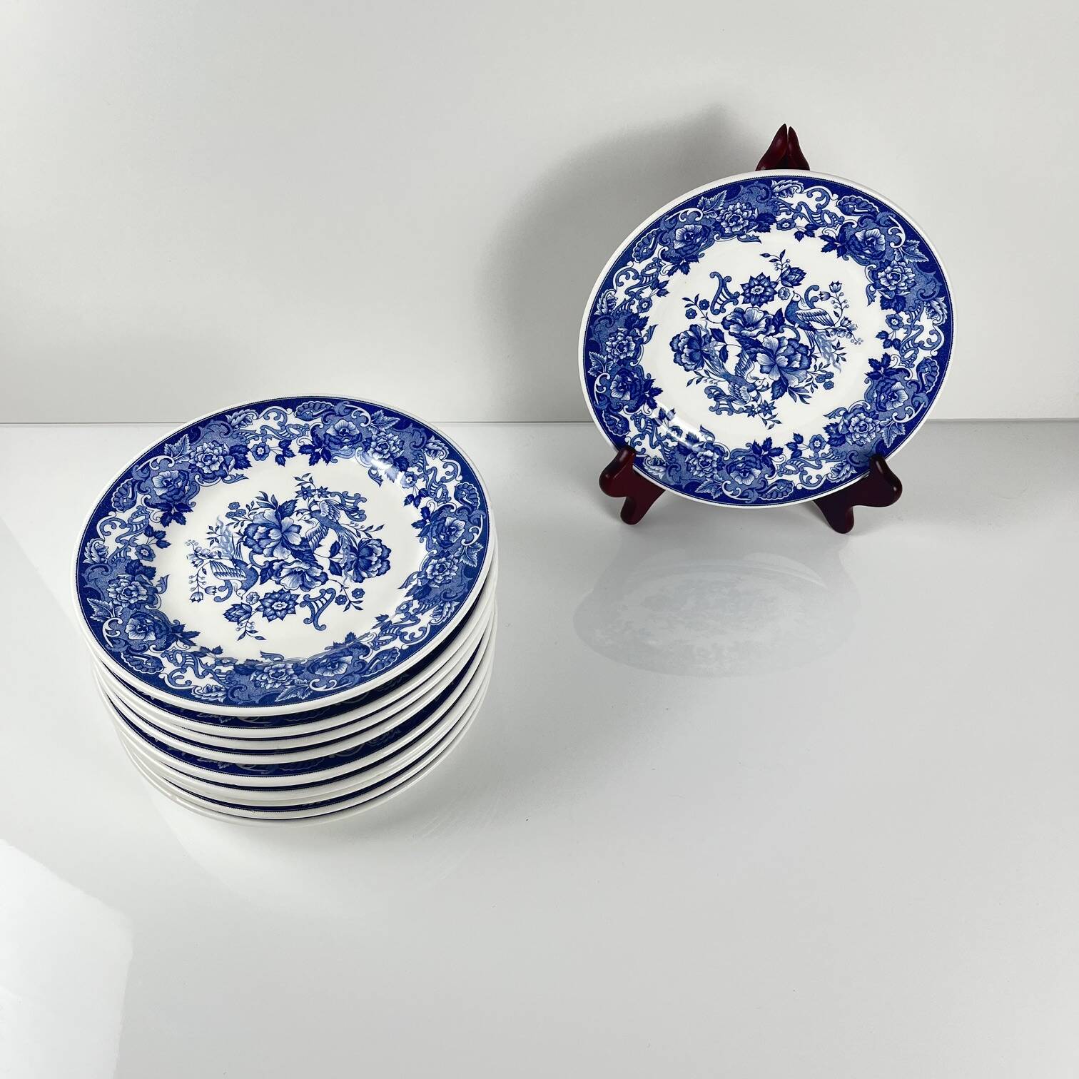 Set of 10 blue earthenware dessert plates with floral and bird decoration
