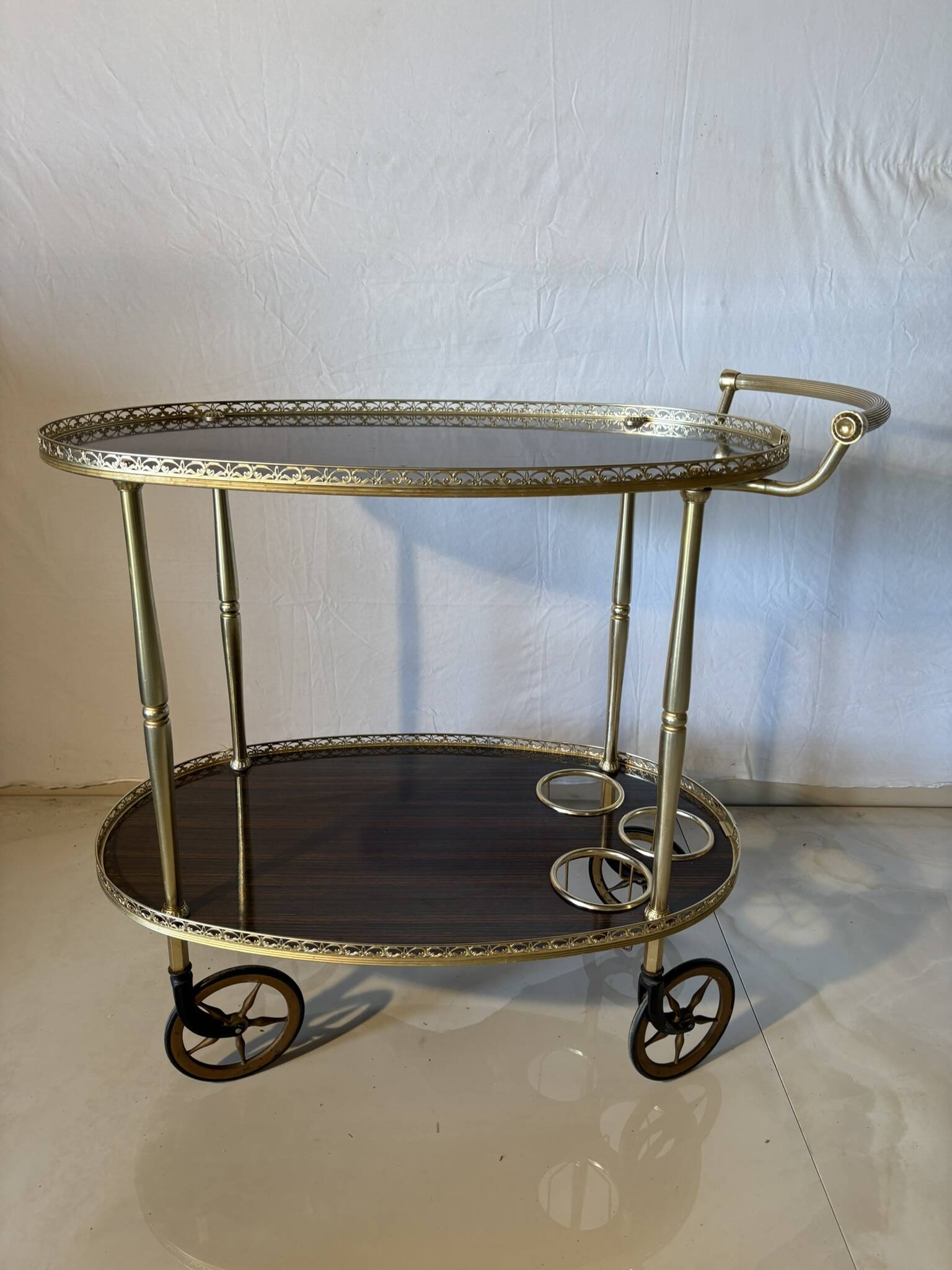 Vintage brass and dark wood serving trolley – 1960s