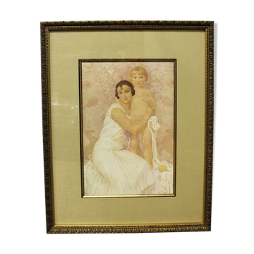 Lithographie "La mère et l'enfant" par Gustave Lorain, 1930.