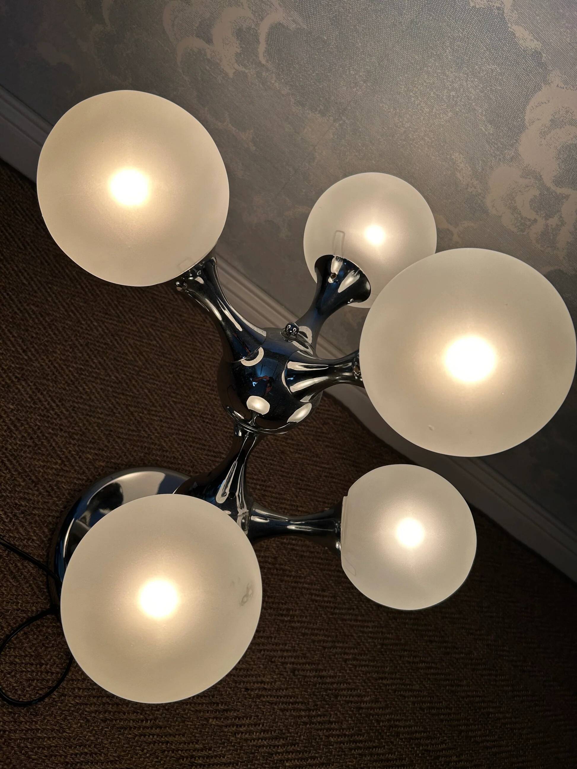 Unique table lamp with a chrome frame and opaque glass globes, 1970s, Space Age, Atomic Age, Sputnik