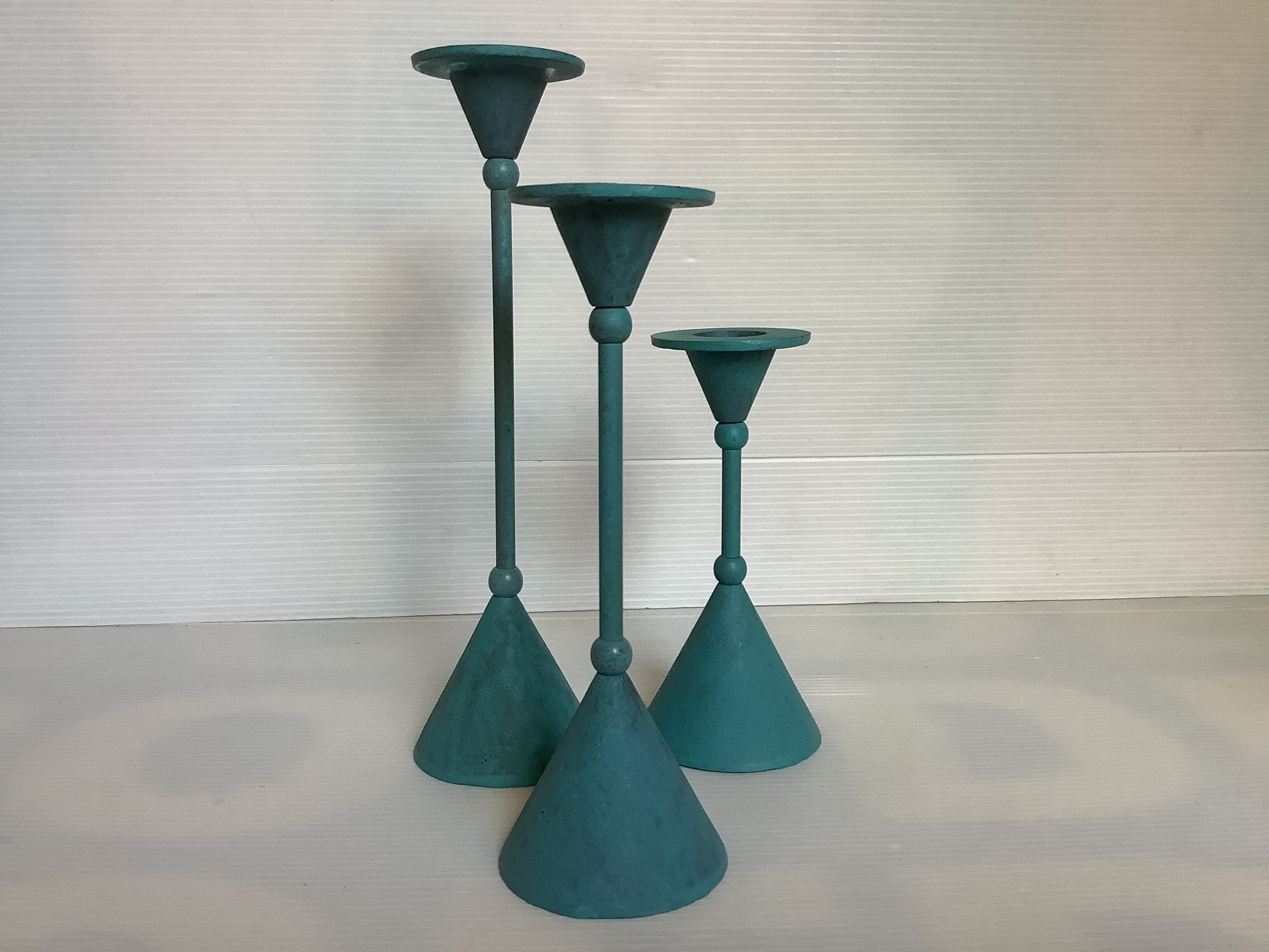 Trio of candlesticks patinated blue green vintage