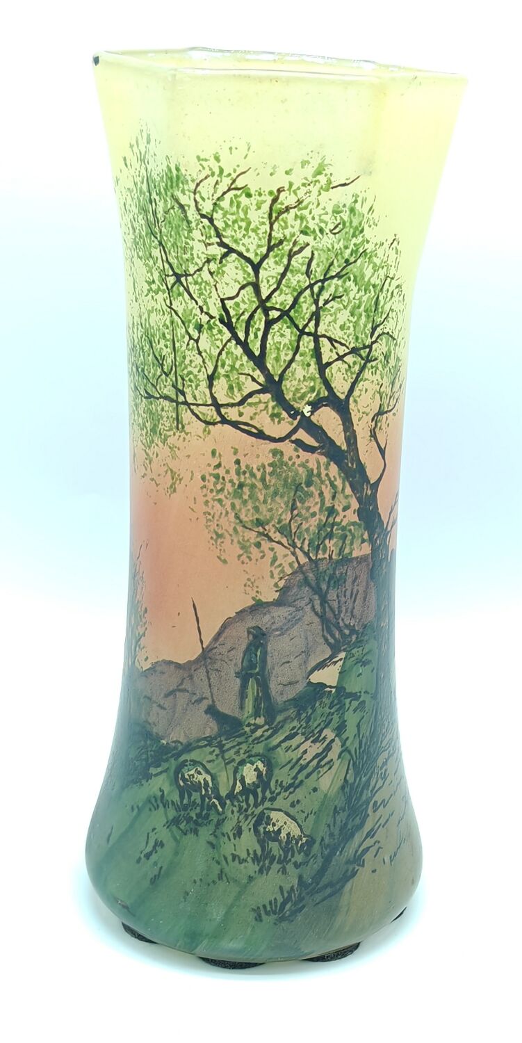 Large enameled glass vase in the style of Legras decor of the shepherd and his sheep