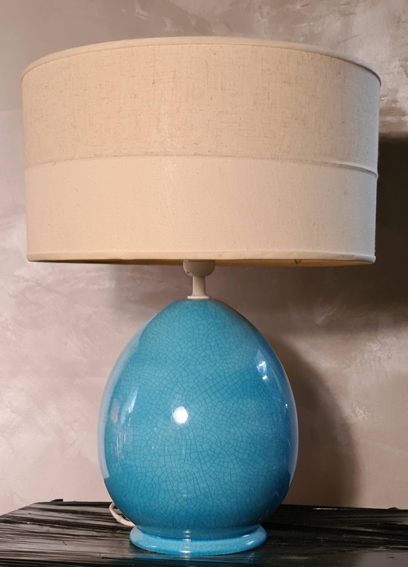 large living room lamp in cracked turquoise blue ceramic 1970 to 80, h53x40 elec ok