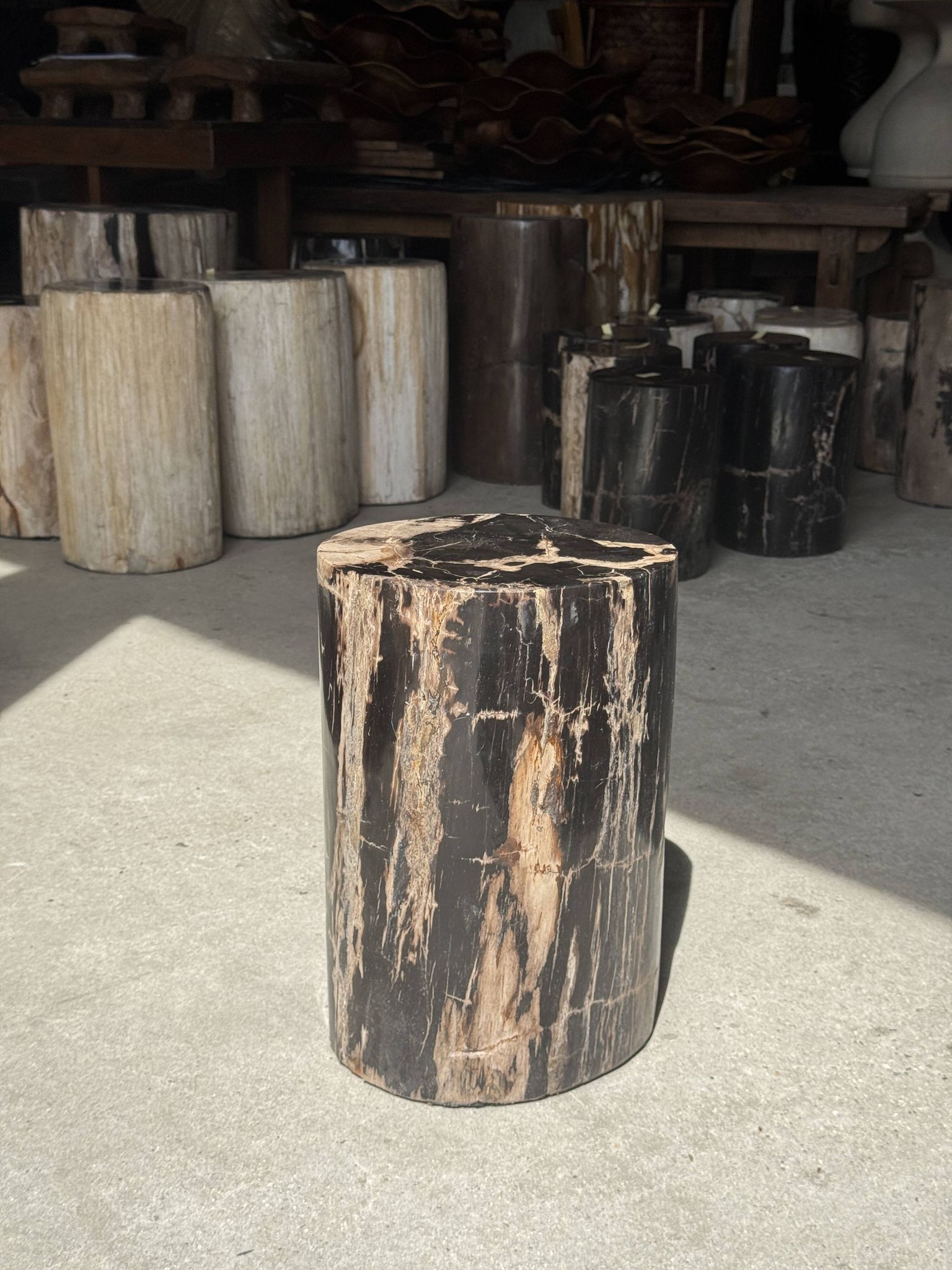 Black petrified wood side table with beige stripes and a semicircular shape.