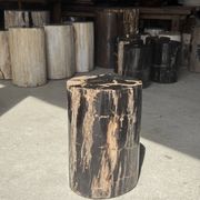Black petrified wood side table with beige stripes and a semicircular shape.
