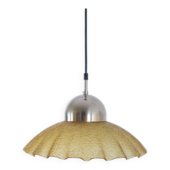 Suspension vintage en verre structuré et métal, années 1980